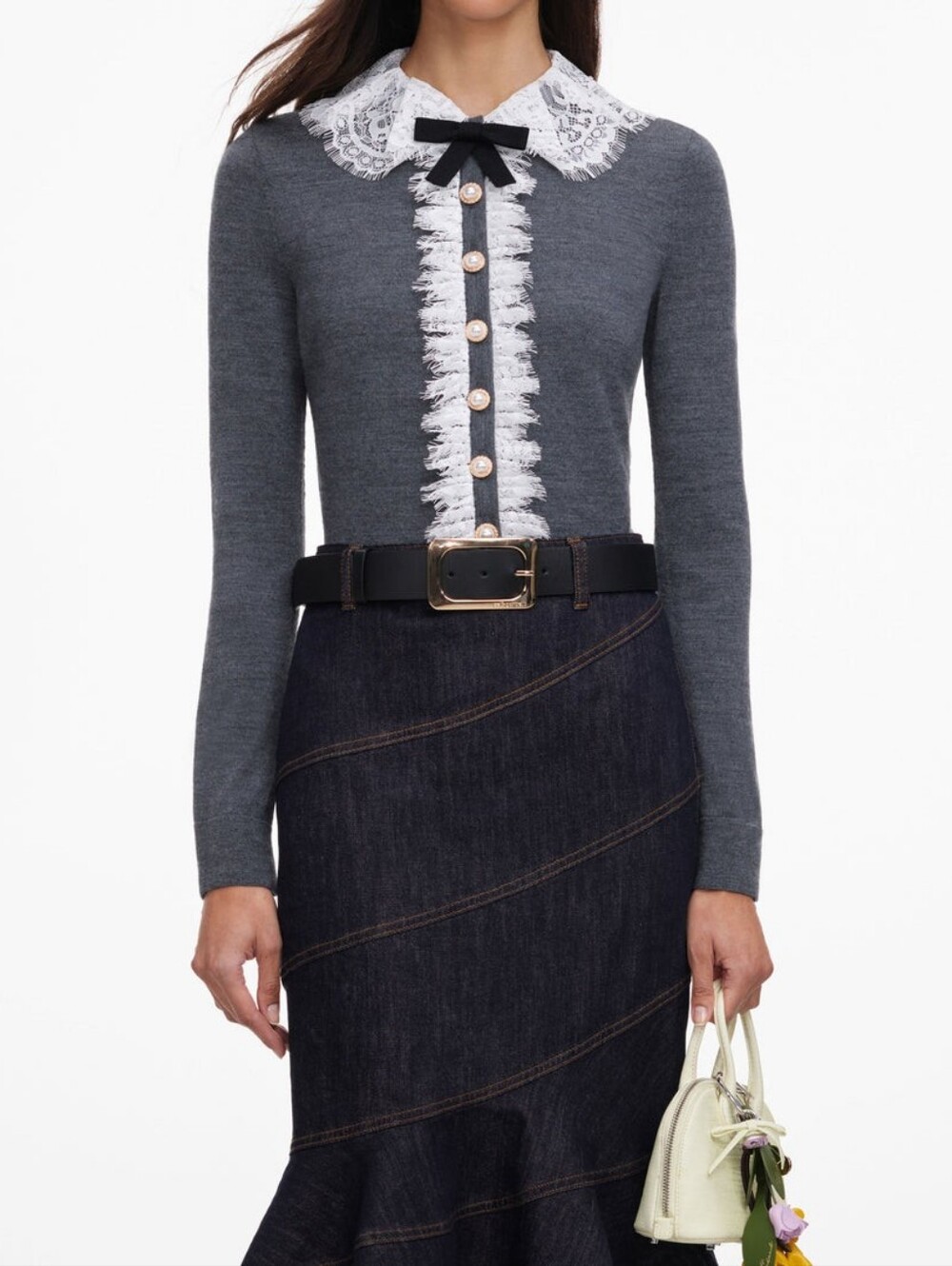 Self Portrait Grey Lace Collar Knit Cardigan